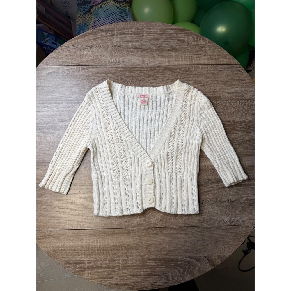 Candies Cream Cotton Knit Cropped Cardigan V-Neck Pointelle Sweater Size M